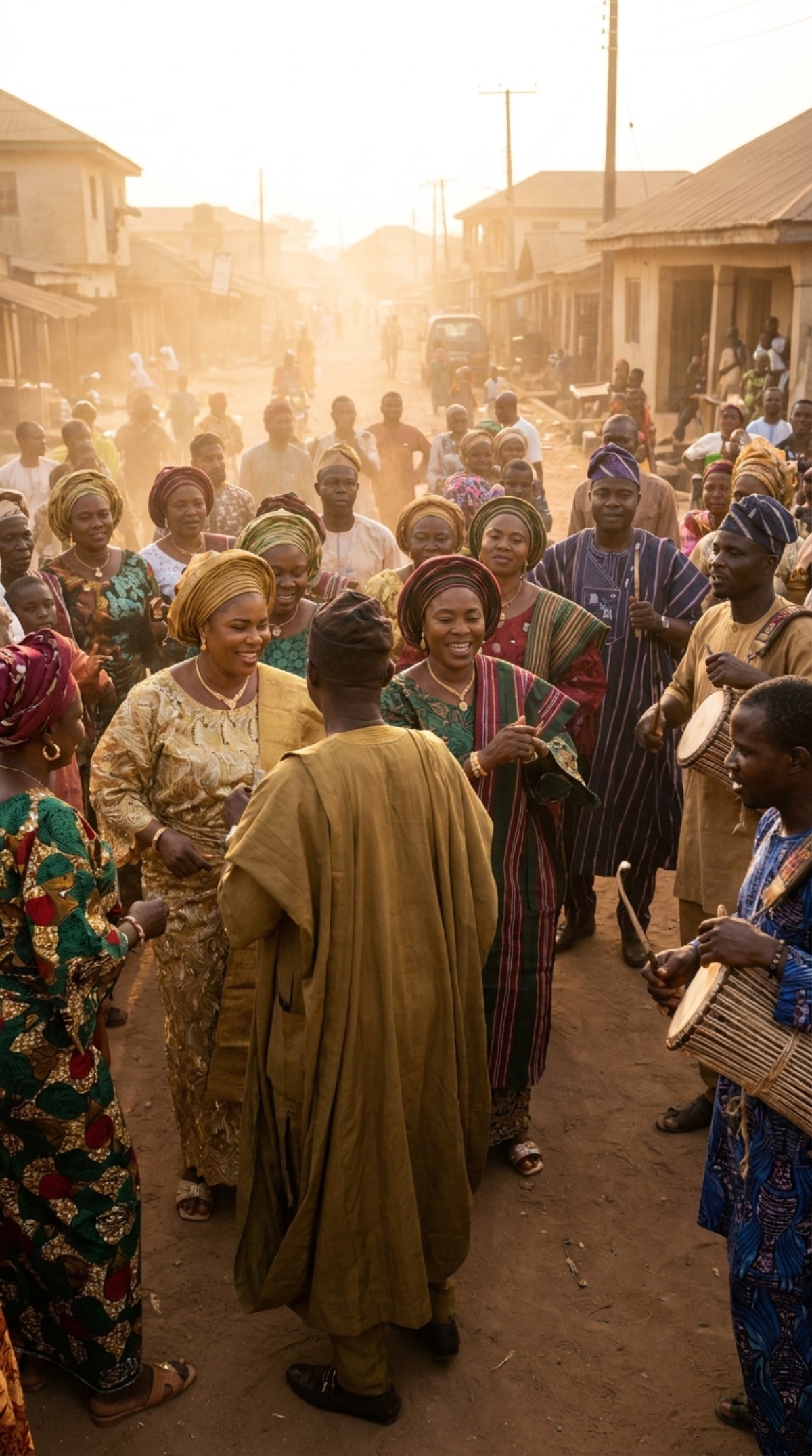 A warm Yoruba street celebration in Ado-Ekiti at golden hour — drummers and dancers in traditional dress