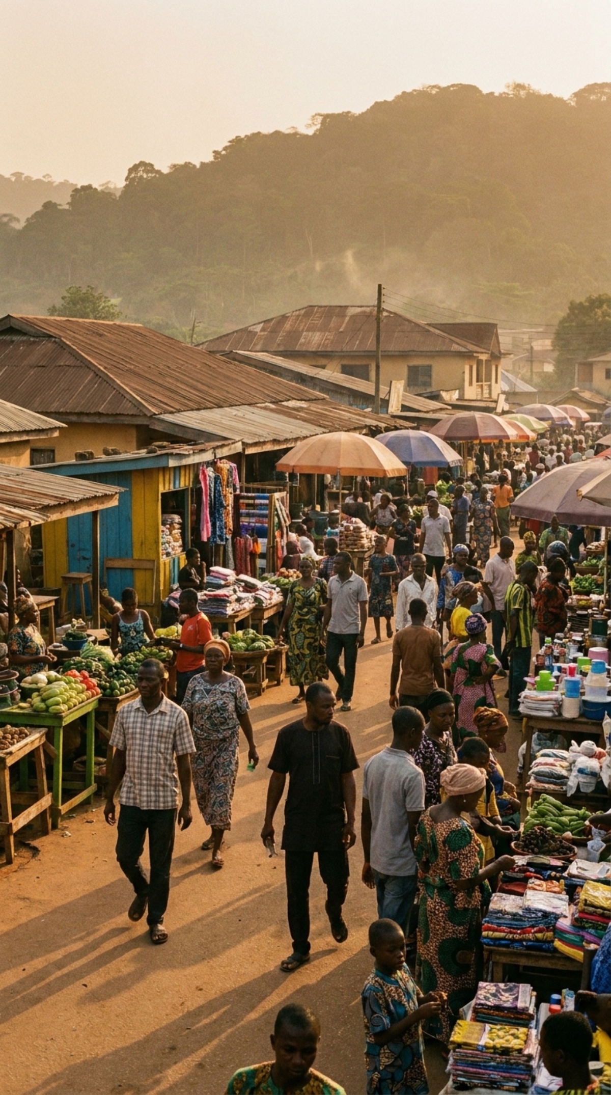 A busy Ado-Ekiti market street at golden hour with green hills rising behind the rooftops