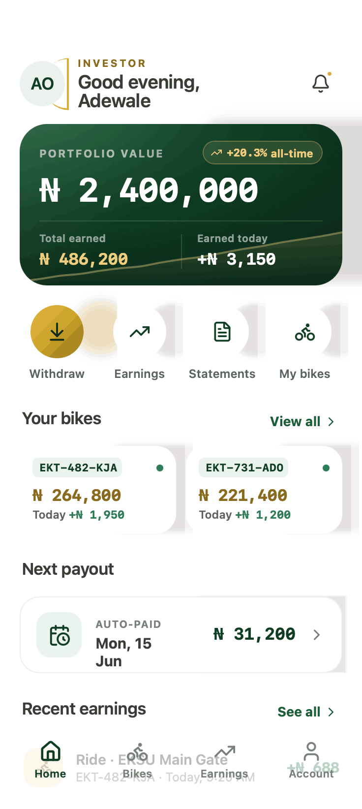 KarryMi investor dashboard — portfolio value, owned bikes and the next payout