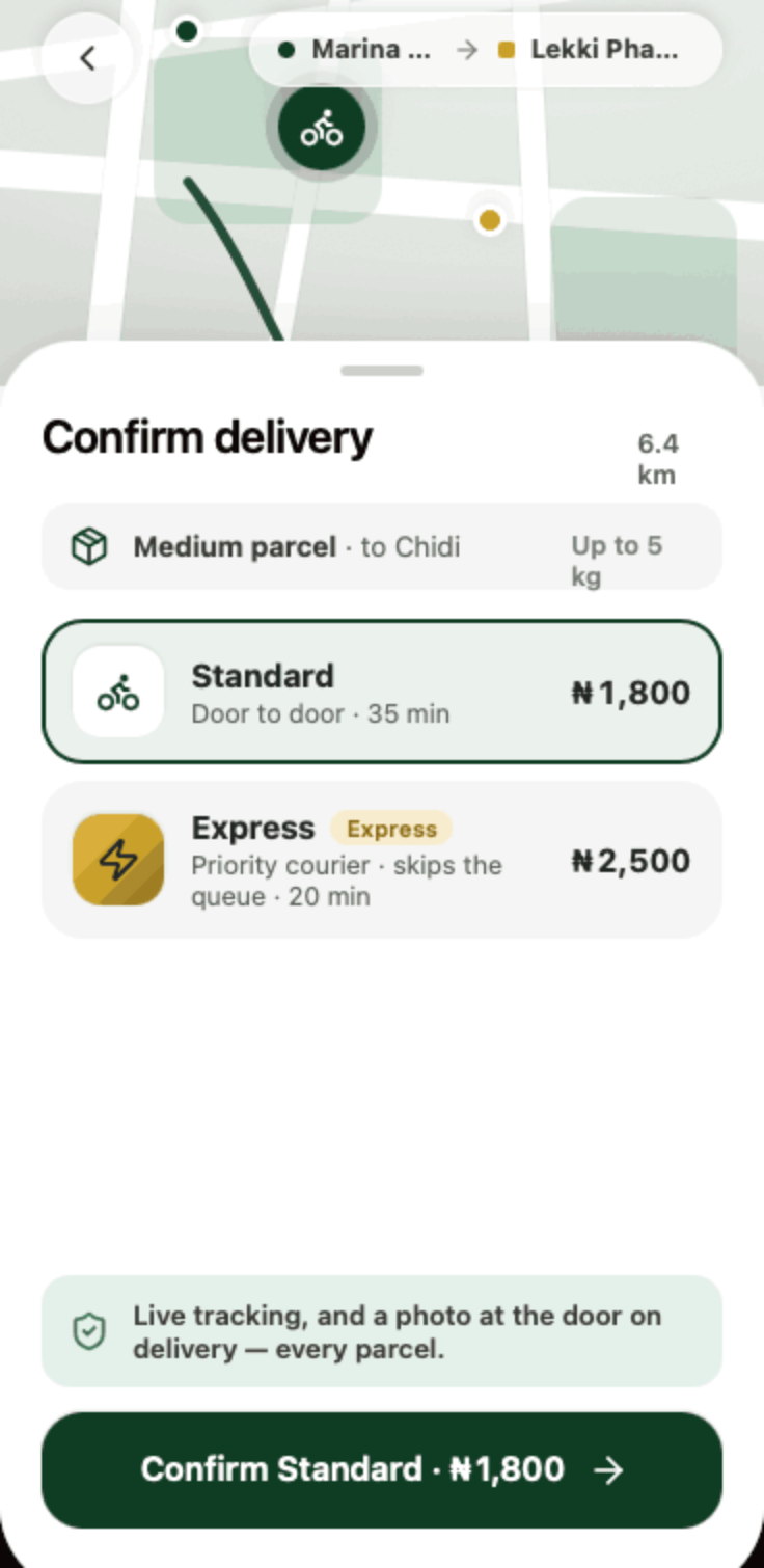 KarryMi confirm-delivery screen with standard and express options