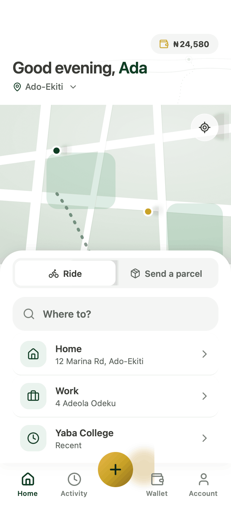 KarryMi home screen with a live map, a ride / send-a-parcel toggle and saved places