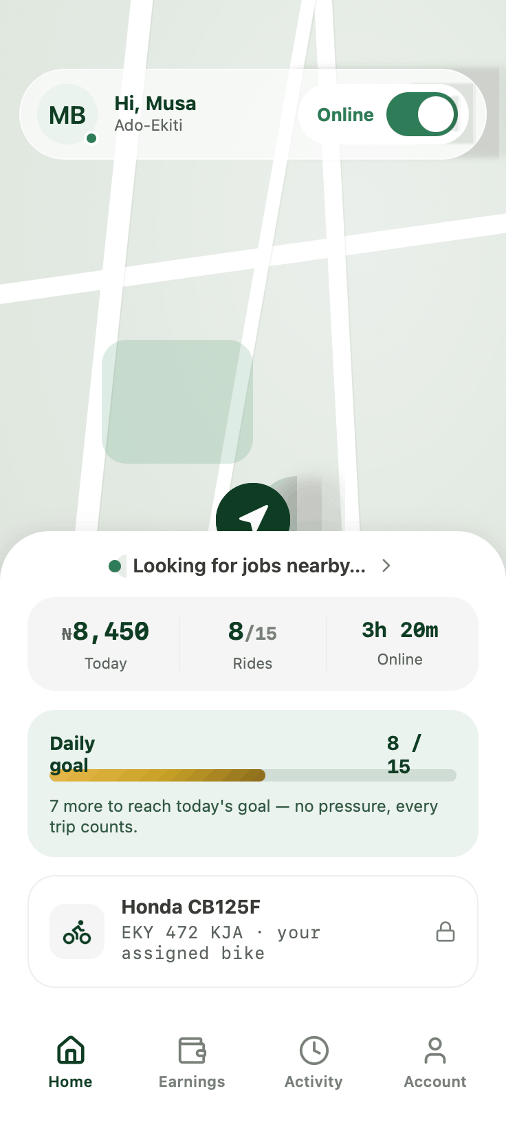 KarryMi rider home screen — online toggle, today's earnings and a daily goal