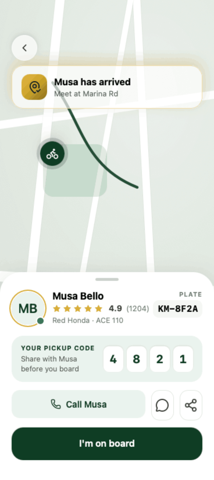 KarryMi rider-arrived screen showing the verified rider, plate and a four-digit pickup code
